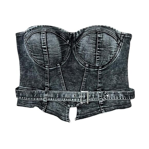 Y2K Say What Washed Black Denim Strapless Cropped Bustier Grunge Top M - Picture 1 of 7